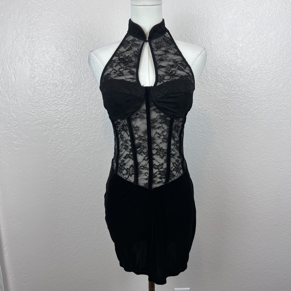 Black Lace Velvet Halter Corset Mini Dress Womens‎ Small Gothic Y2K Fairygrunge